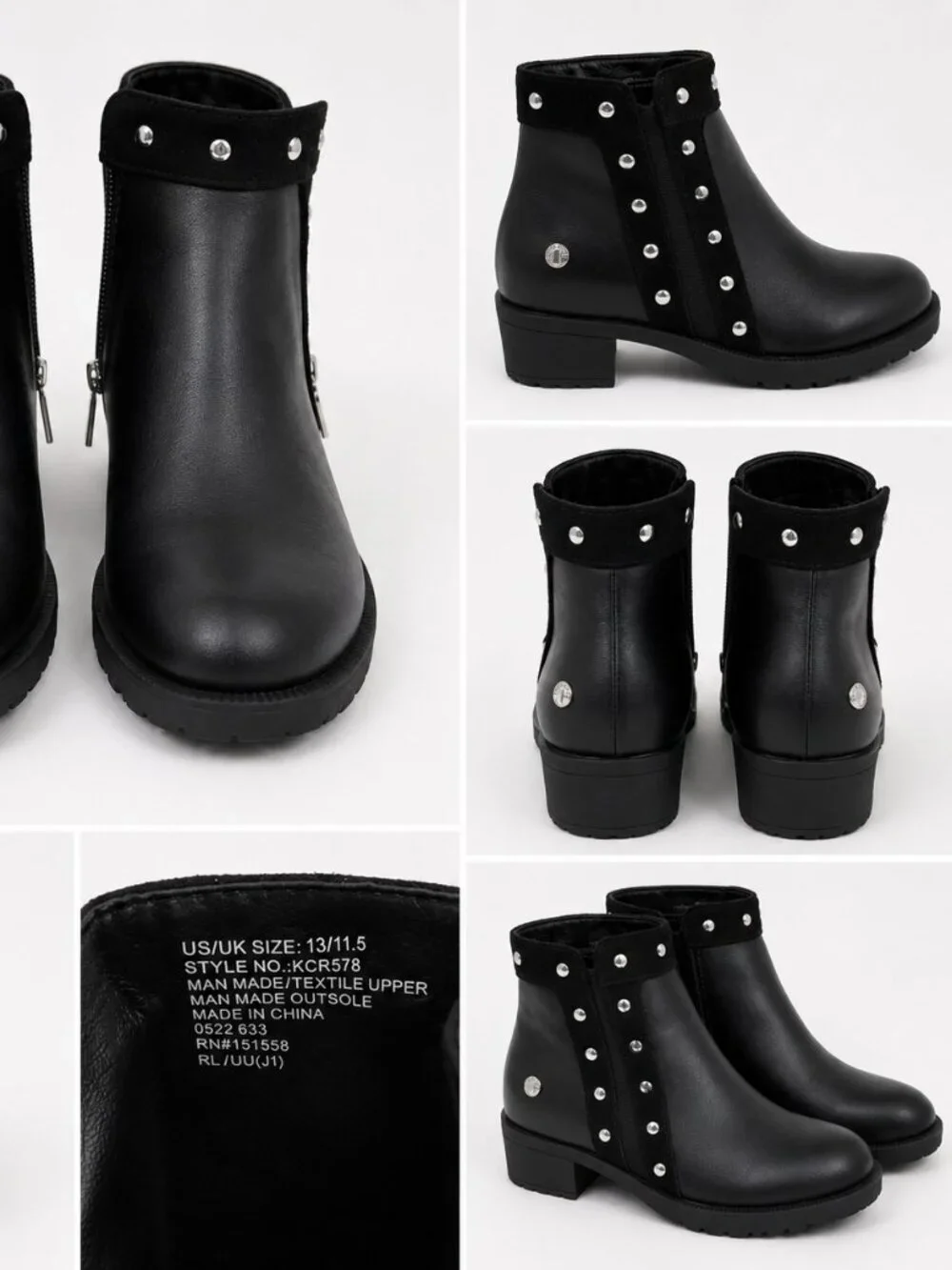 Kenneth Cole Reaction Girls Black Studded Ankle Boots Size 13
